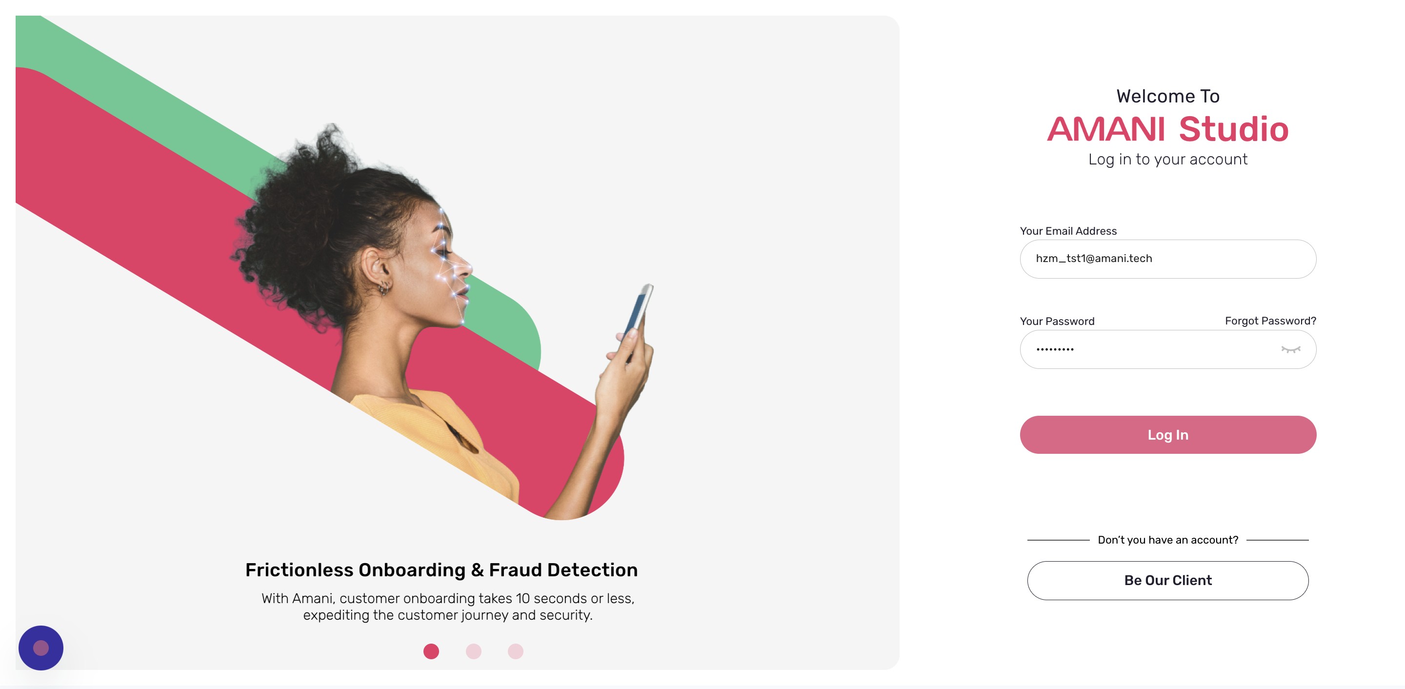 Amani Studio login page