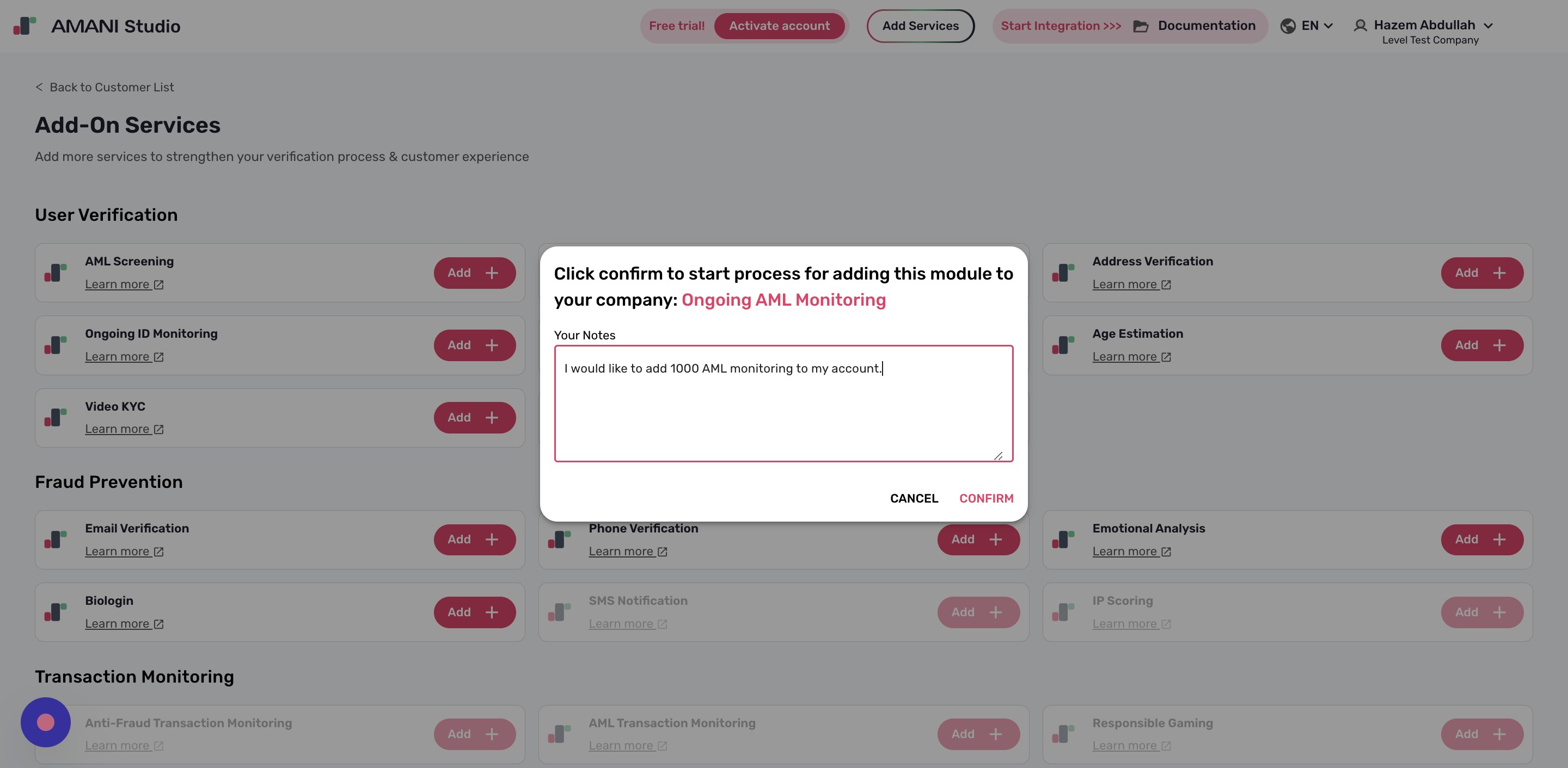 Click CONFIRM to activate