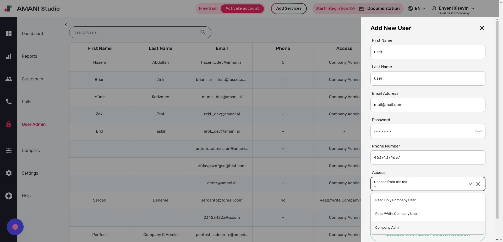 Select the user's access role